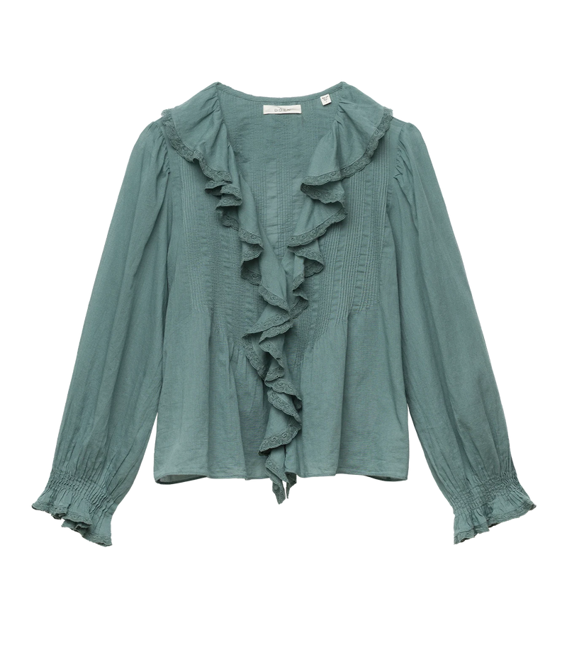 A sage green long-sleeve blouse with a ruffled collar, ruffle trim down the front, and smocked cuffs, shown against a plain white background.