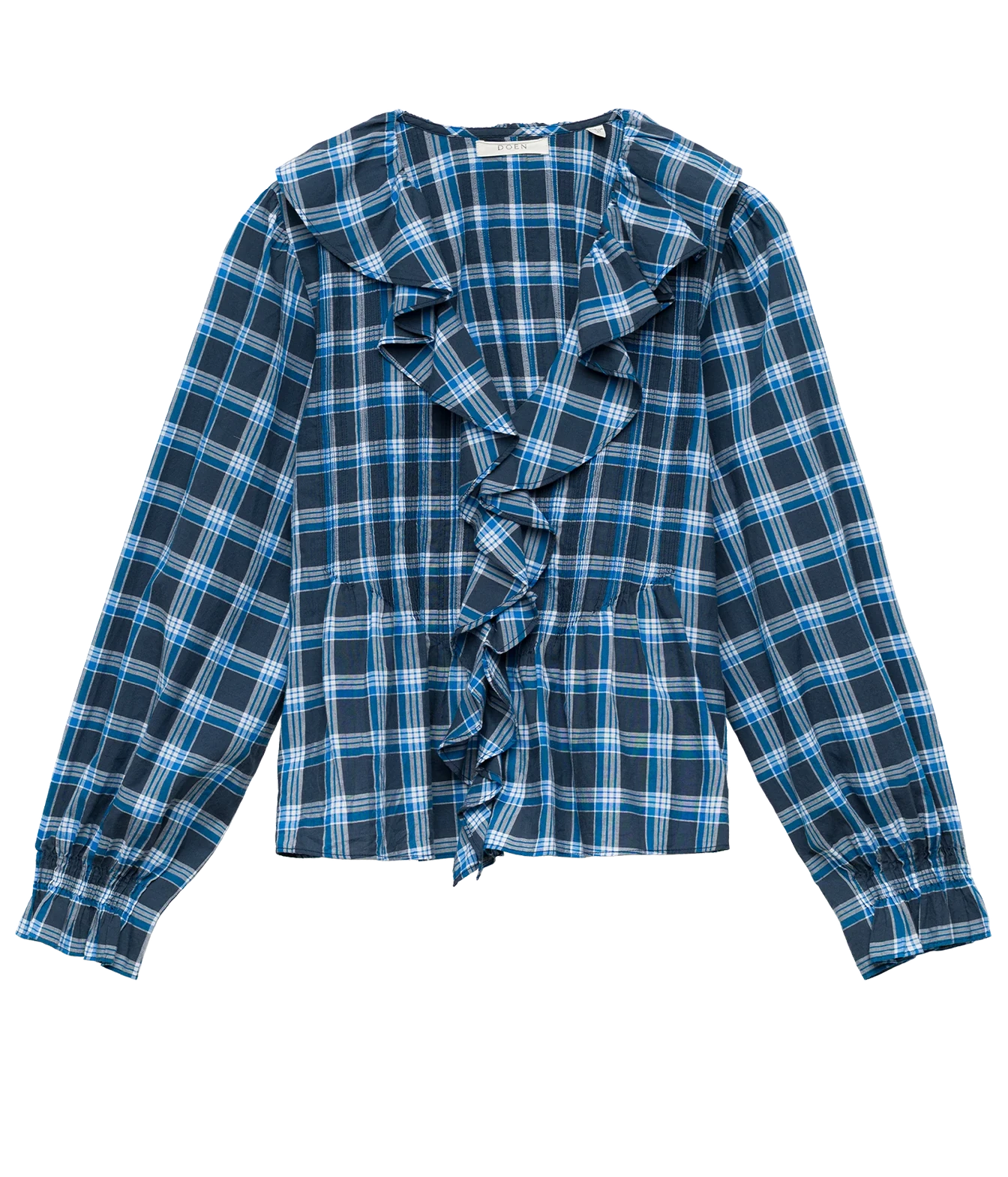 A long-sleeve plaid blouse with a ruffled front detail, featuring a blue, navy, and white tartan pattern, laid flat against a white background.