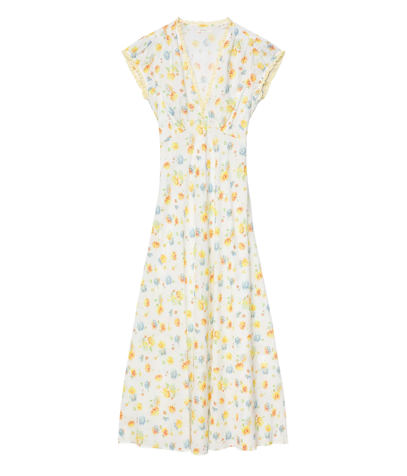 DÔEN Helia Dress in Dahlia Floral, product view featuring the V-neckline, short sleeves and flowing midi silhouette.