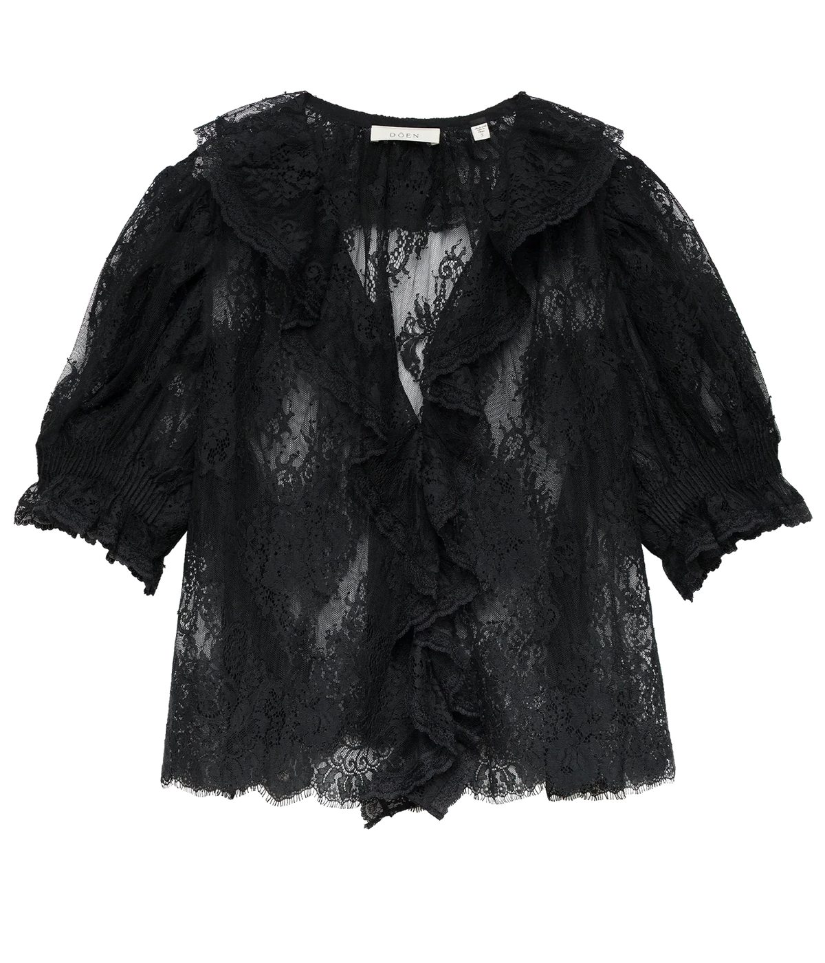 DÔEN Lace Henri Top In Black laid flat, showing the sheer black lace, ruffled V-neck front and gathered puff sleeves