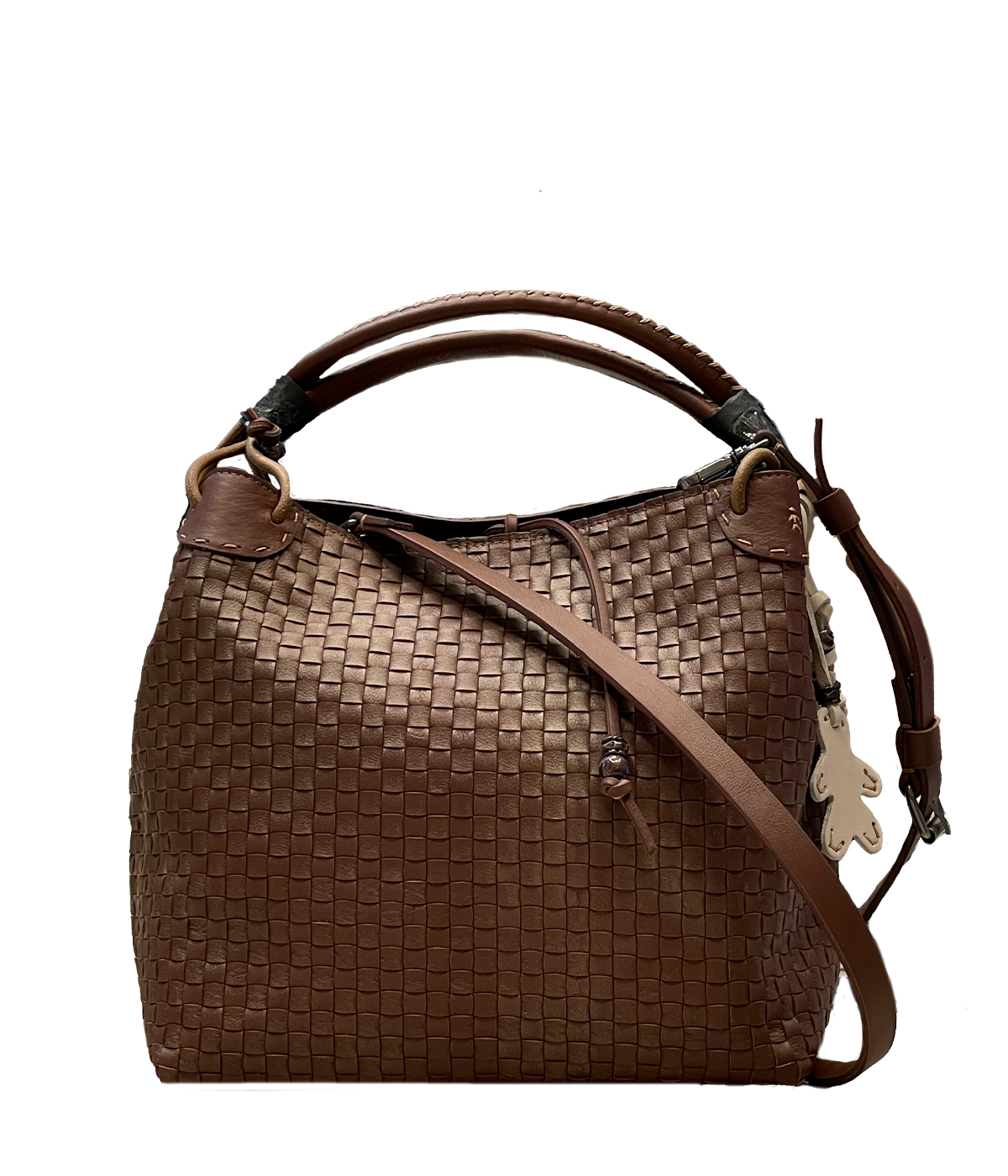 ALT text: Henry Beguelin Bag Daria Intr in Brandy brown double-woven leather with top handle and crossbody straps