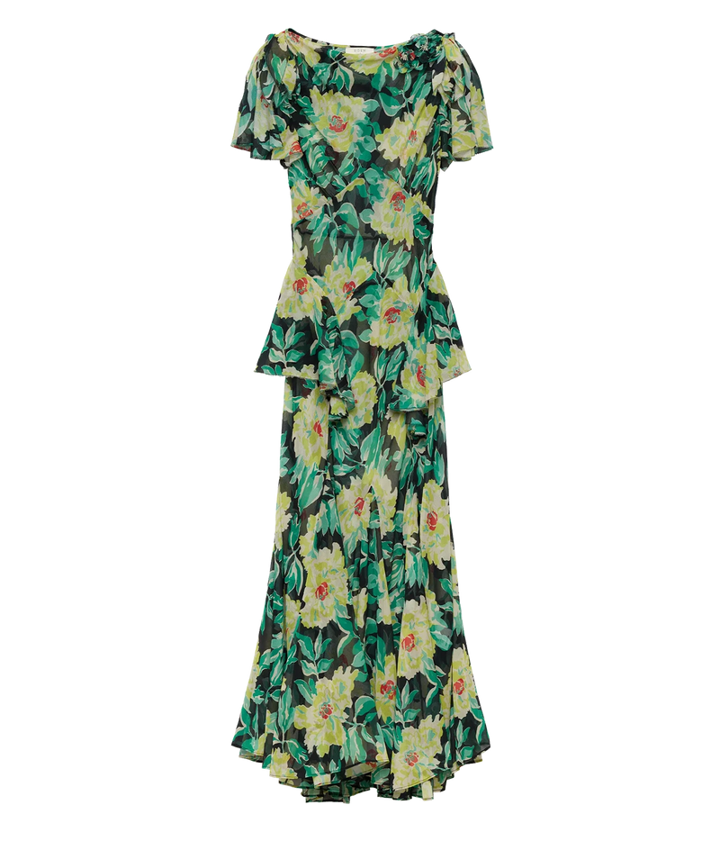 DÔEN Hesperia Dress In Hanbury Garden laid flat, showing the green and yellow floral print, short flutter sleeves, tiered waist and maxi length