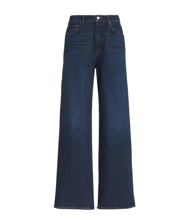 ALT Text: Dark-wash, high-waisted jeans with wide legs, ideal for retro-inspired outfits.