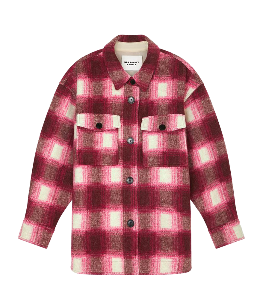 A winter staple shirt jacket, in a pink checkered print made from soft flannel fabric with an oversized fit, dropped shoulders, button pockets and long sleeves. Winter basic, cold weather, classic third piece, made internationally, comfortable, bra friendly.  