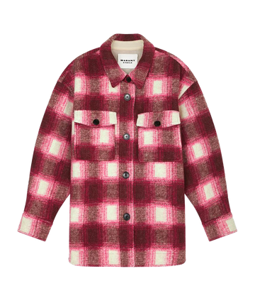 A winter staple shirt jacket, in a pink checkered print made from soft flannel fabric with an oversized fit, dropped shoulders, button pockets and long sleeves. Winter basic, cold weather, classic third piece, made internationally, comfortable, bra friendly.  
