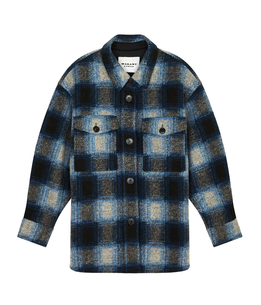 A winter staple shirt jacket, in a blue checkered print made from soft flannel fabric with an oversized fit, dropped shoulders, button pockets and long sleeves. Winter basic, cold weather, classic third piece, made internationally, comfortable, bra friendly.  