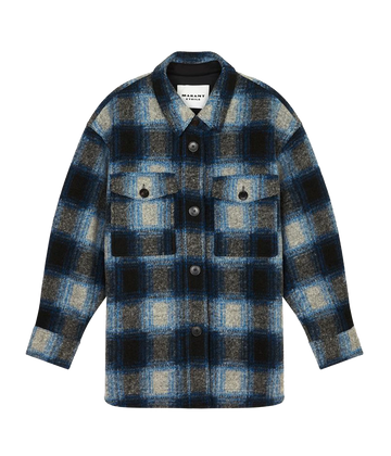 A winter staple shirt jacket, in a blue checkered print made from soft flannel fabric with an oversized fit, dropped shoulders, button pockets and long sleeves. Winter basic, cold weather, classic third piece, made internationally, comfortable, bra friendly.  