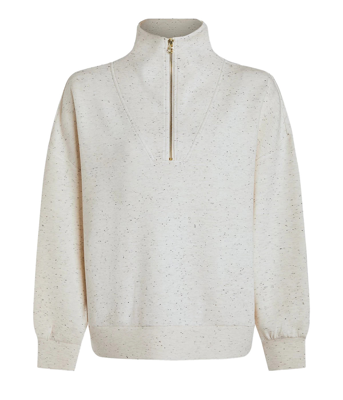 ALT Text: Oversized half-zip sweatshirt with deep cuffs, relaxed hem band, and soft fabric for comfort