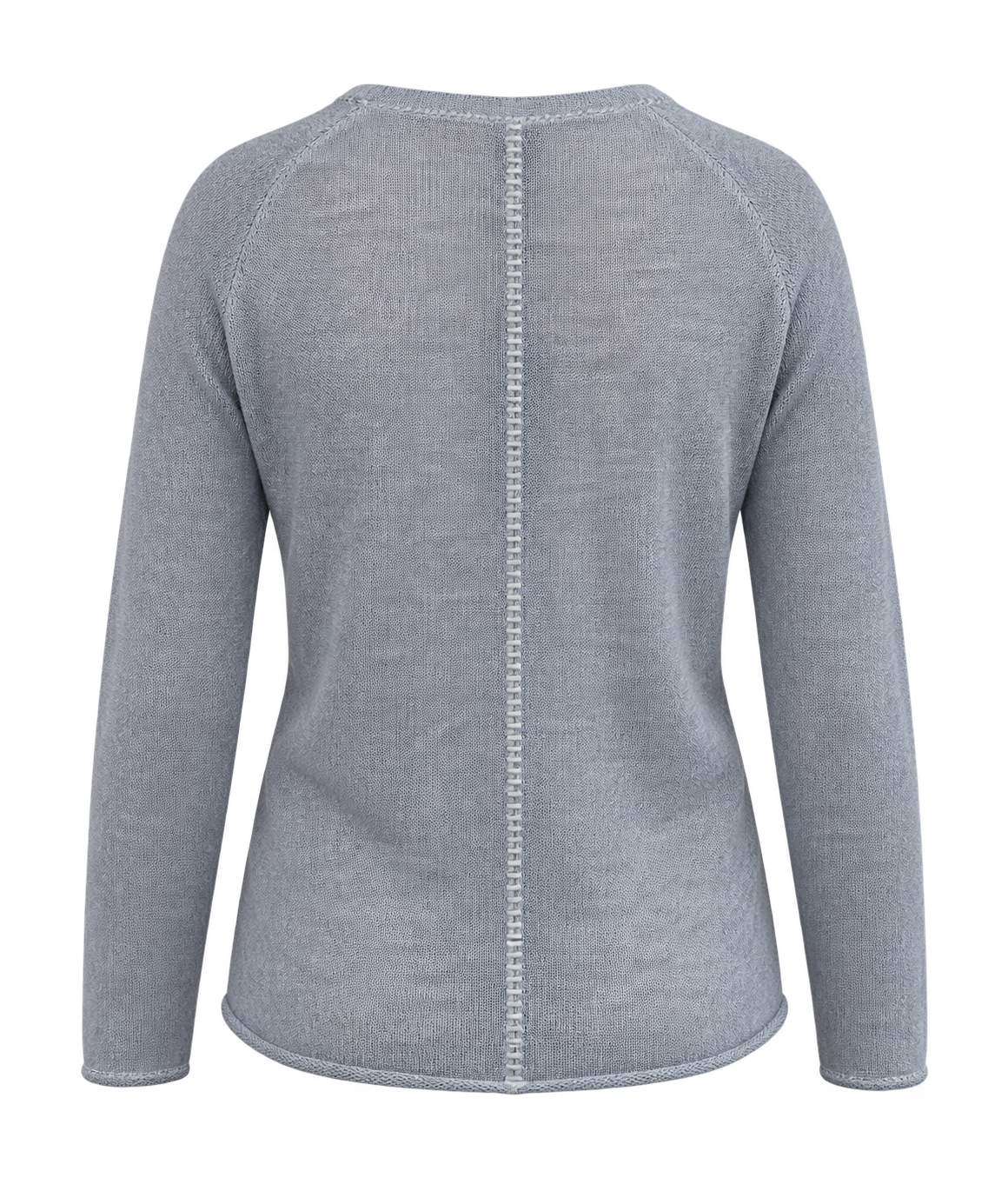 Back product view of Avant Toi Maglia Pullover in Dusty Blue showing the contrast centre-back seam