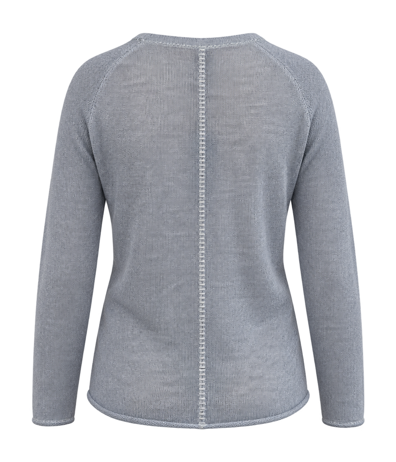 Back product view of Avant Toi Maglia Pullover in Dusty Blue showing the contrast centre-back seam