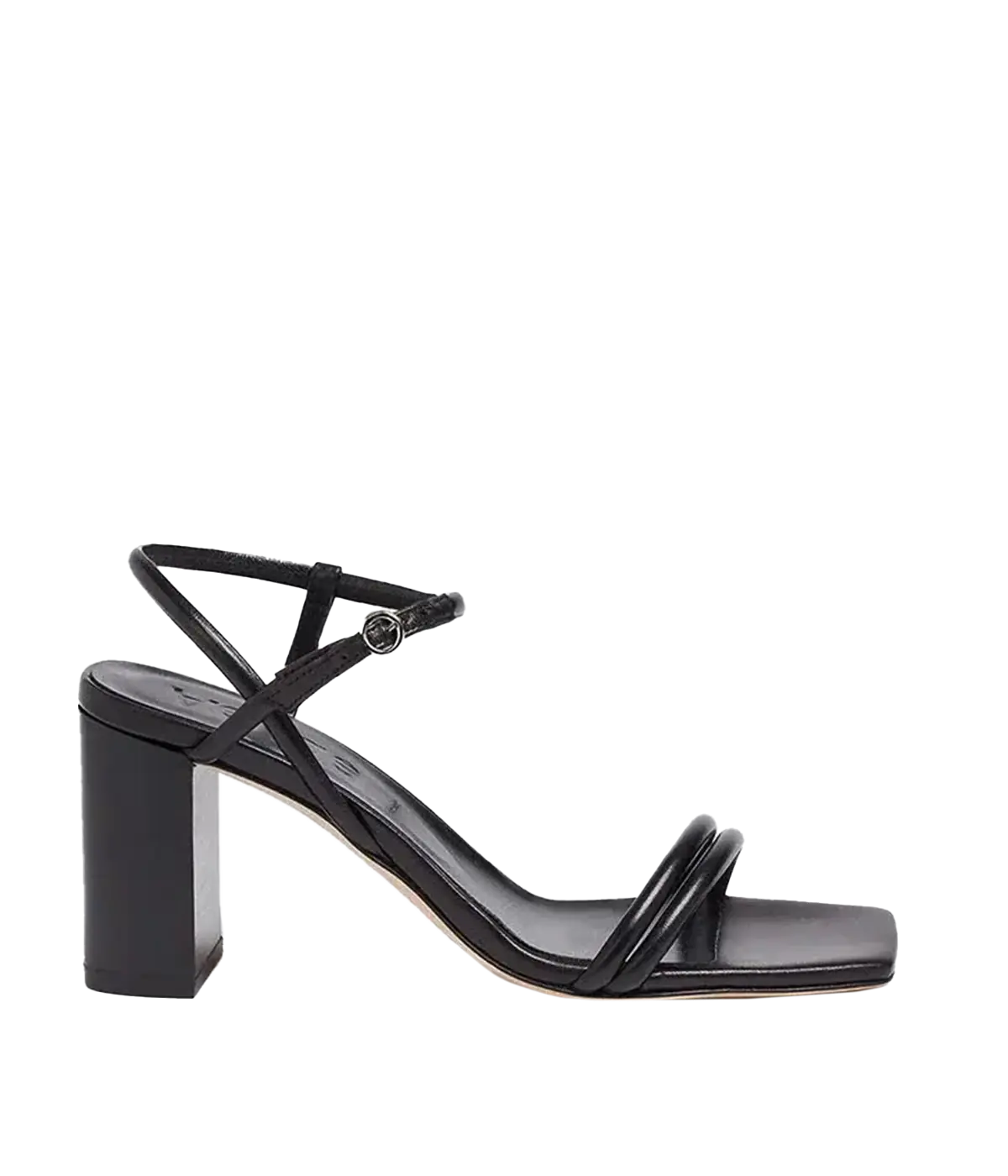 A classic ever occasion black block strappy heel  in black leather. Featuring a square toe and ankle strap. Comfortable, throw on and go, formal shoe, made in Europe.  