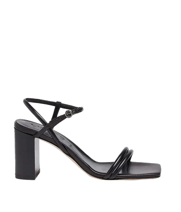 A classic ever occasion black block strappy heel  in black leather. Featuring a square toe and ankle strap. Comfortable, throw on and go, formal shoe, made in Europe.  