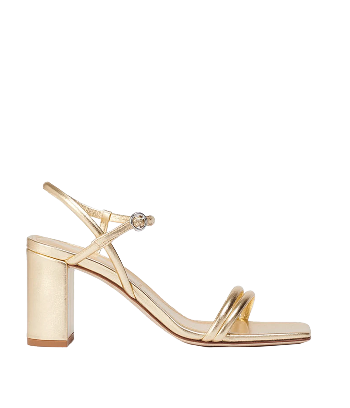 A trendy yet comfortable heeled sandal in a gold colourway, featuring a double mignon strap, square toe and delicate ankle strap. Evening wear shoe, formal shoe, made in Italy, block heel, made in Italy, comfortable. 