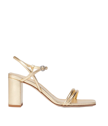 A trendy yet comfortable heeled sandal in a gold colourway, featuring a double mignon strap, square toe and delicate ankle strap. Evening wear shoe, formal shoe, made in Italy, block heel, made in Italy, comfortable. 