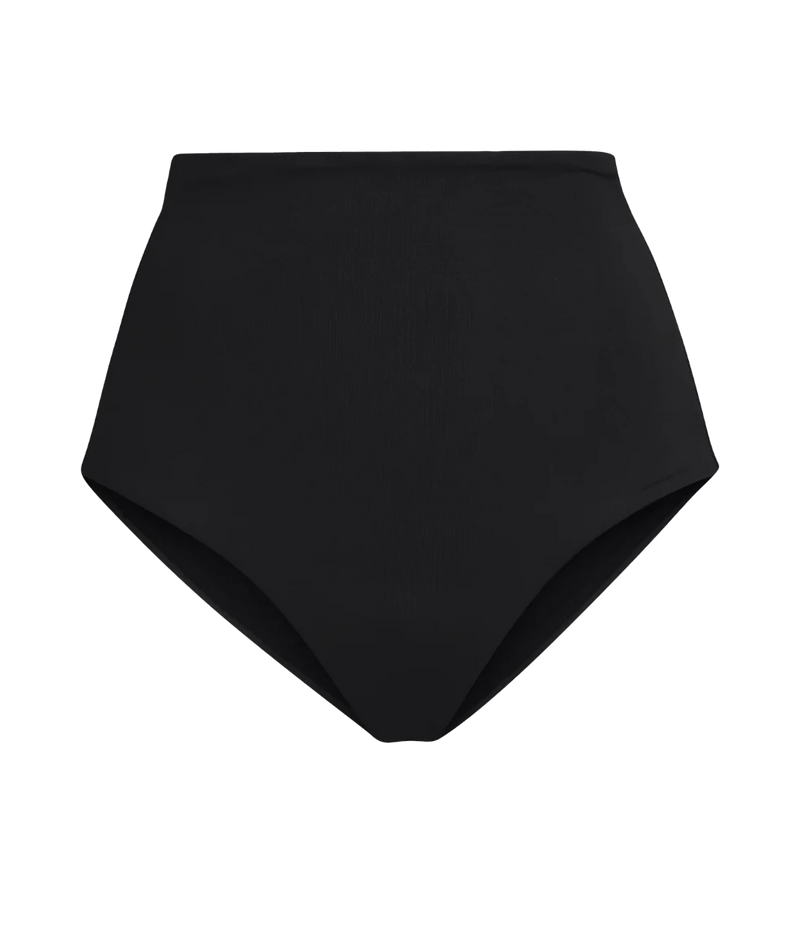 An elegant black high cut leg bikini, the Hi Tide Bottom is a wardrobe staple. These medium coverage luxe bottoms hug you in, showing off your legs and just enough cheek. Sleek and sexy, this is a must-have bikini bottom for summer, at the pool or the beach. 