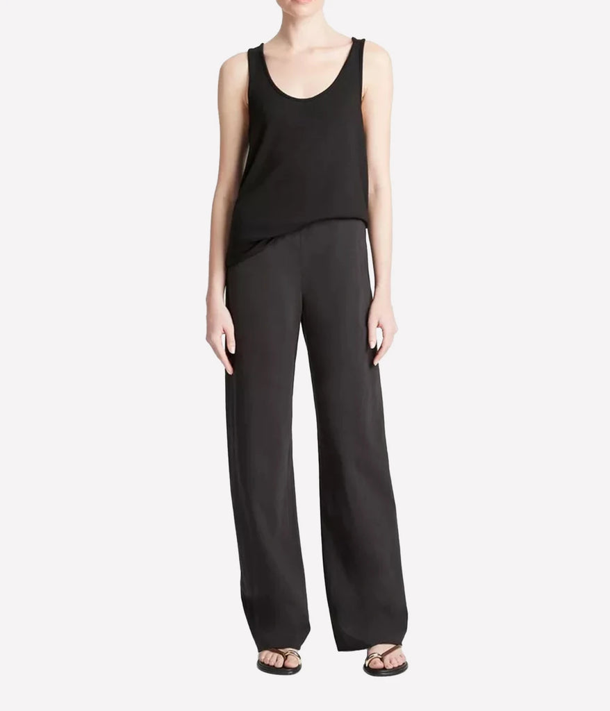 Black wide leg cotton linen blend bias cut pant by American brand Vince. High-waisted cut and slip on style. Wash and wear.