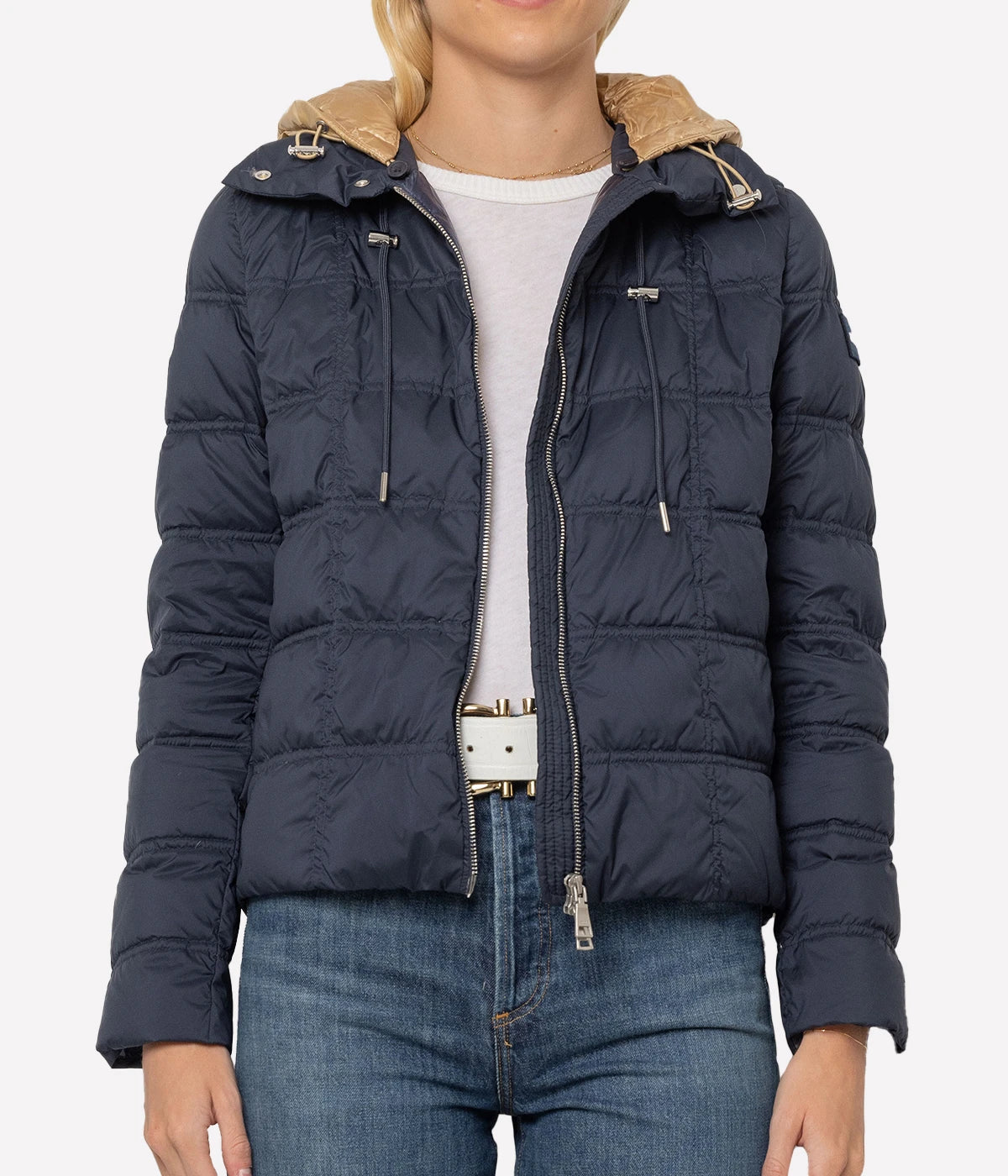 Hooded Down Jacket in Midnight & Crème Brule