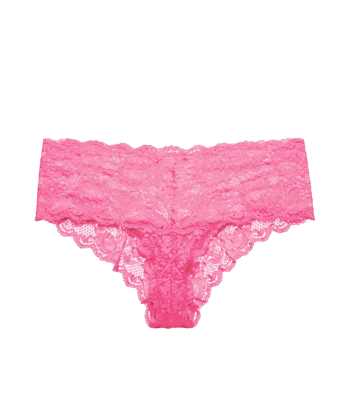 A hot pink Italian lace boyshort underpant, with a full coverage bottom, high waist and scallop lace detaling. Recovery, Italian lace, comfortable, everyday wear. 