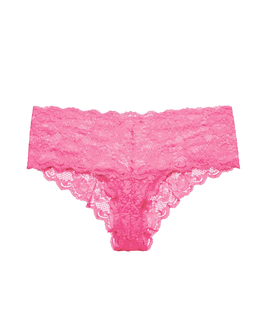 A hot pink Italian lace boyshort underpant, with a full coverage bottom, high waist and scallop lace detaling. Recovery, Italian lace, comfortable, everyday wear. 