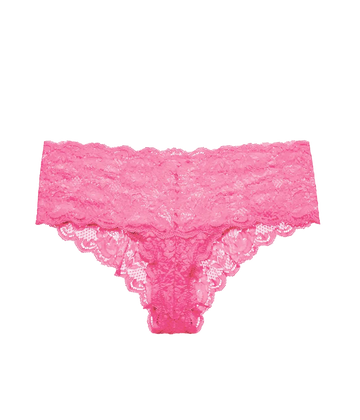 A hot pink Italian lace boyshort underpant, with a full coverage bottom, high waist and scallop lace detaling. Recovery, Italian lace, comfortable, everyday wear. 