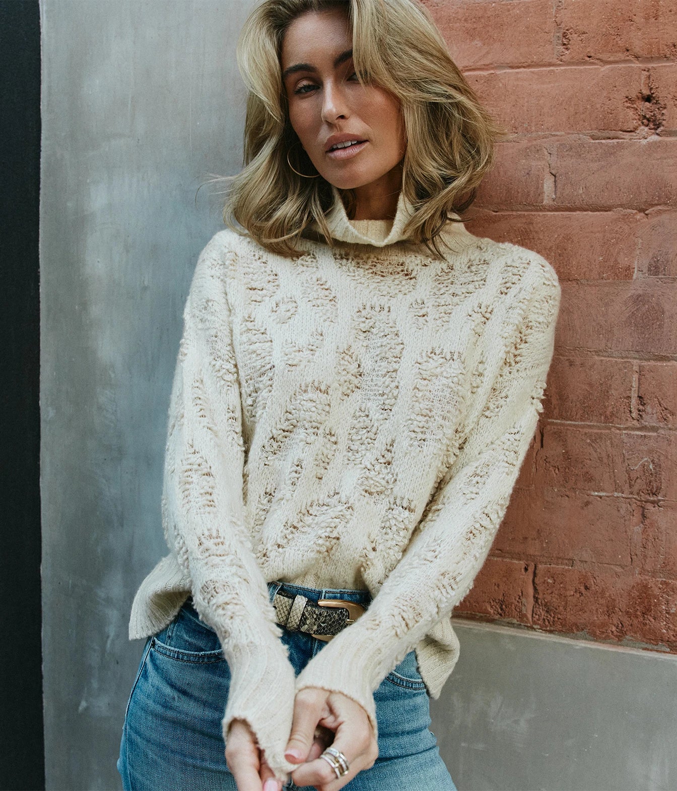 Hand Painted Leopard Jacquard Effect High Neck Pullover In Vaniglia