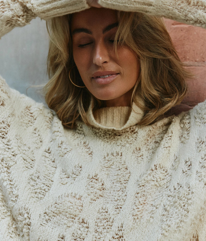 Hand Painted Leopard Jacquard Effect High Neck Pullover In Vaniglia