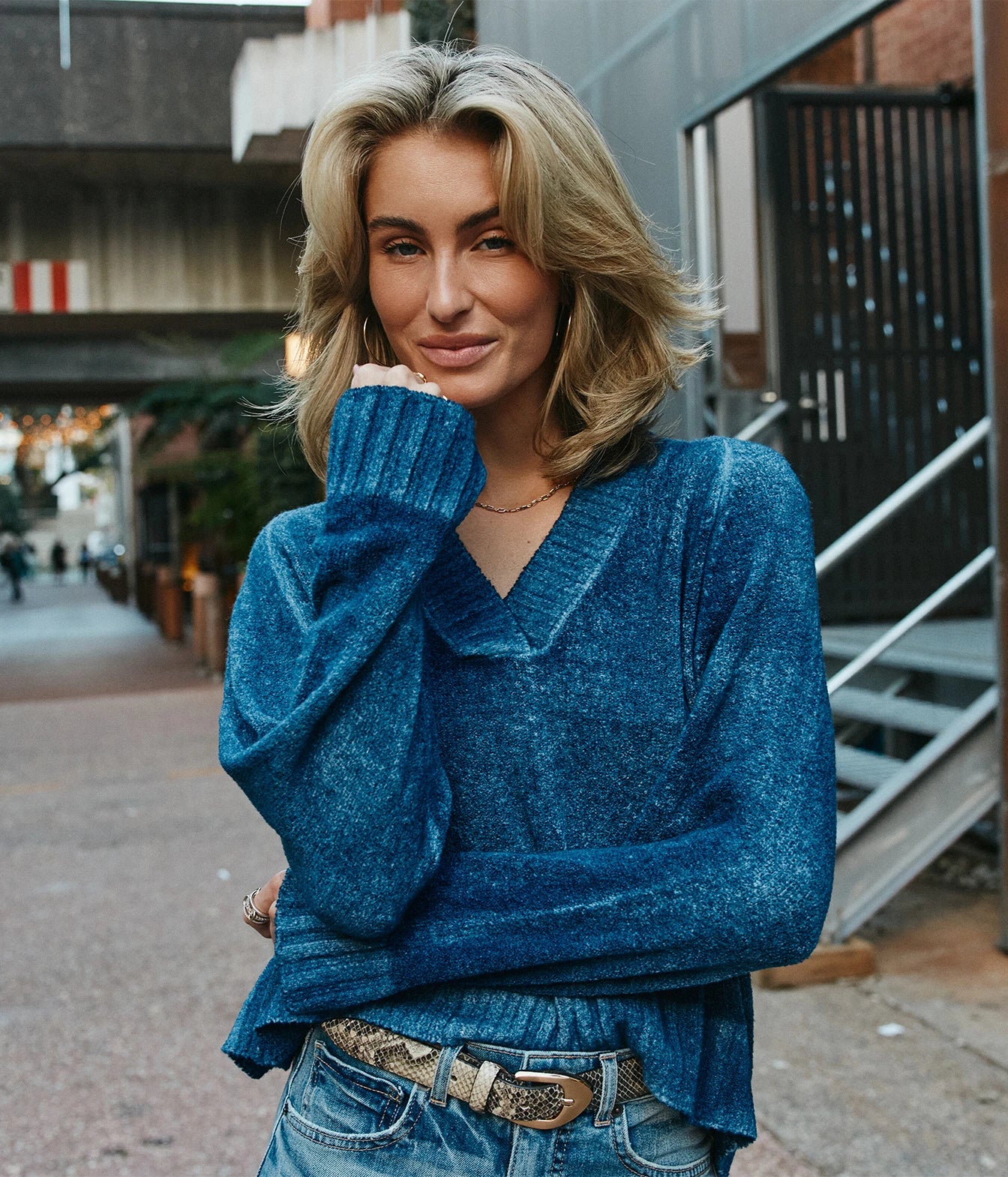 Woman Knitted Pullover In Midnight by avant toi - v neck knit sweater on blonde female 