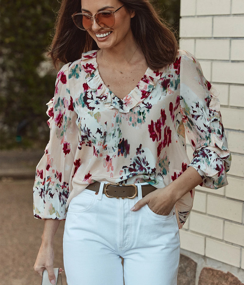 Marguerite Long Sleeve Silk Blouse In Summer Garden