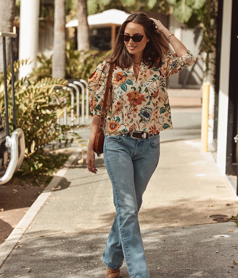 Florielle Short Sleeve Cotton Top In Abalone
