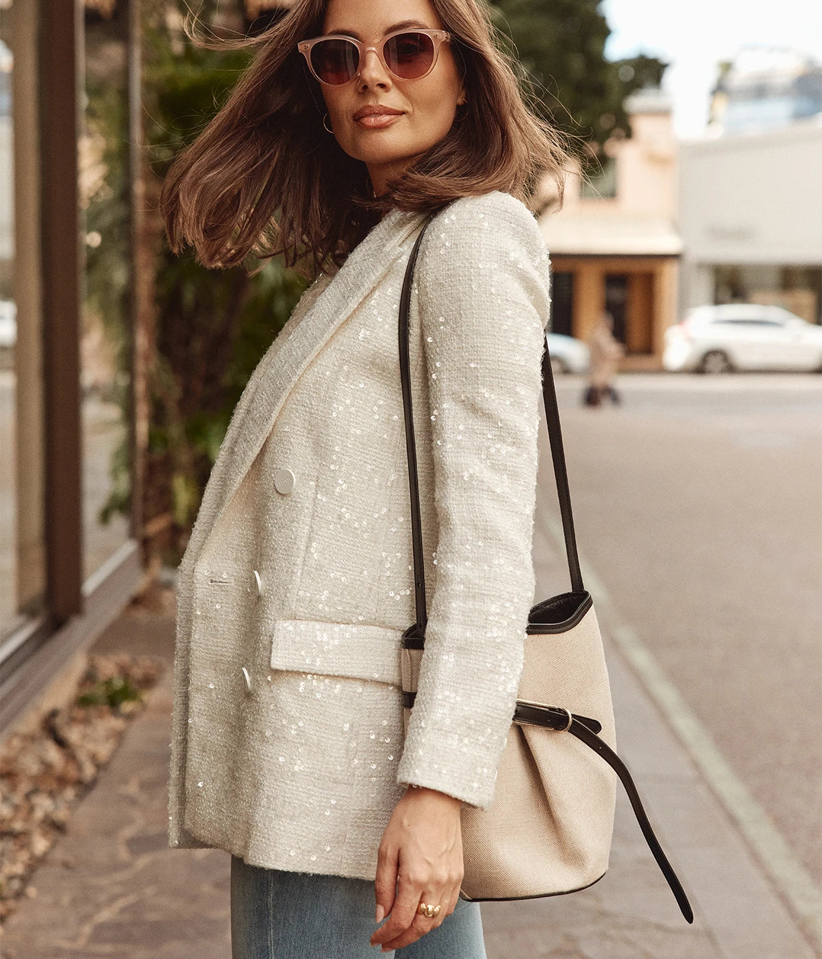 Cambrie Oversized Blazer in White Tweed & Clear Sequin