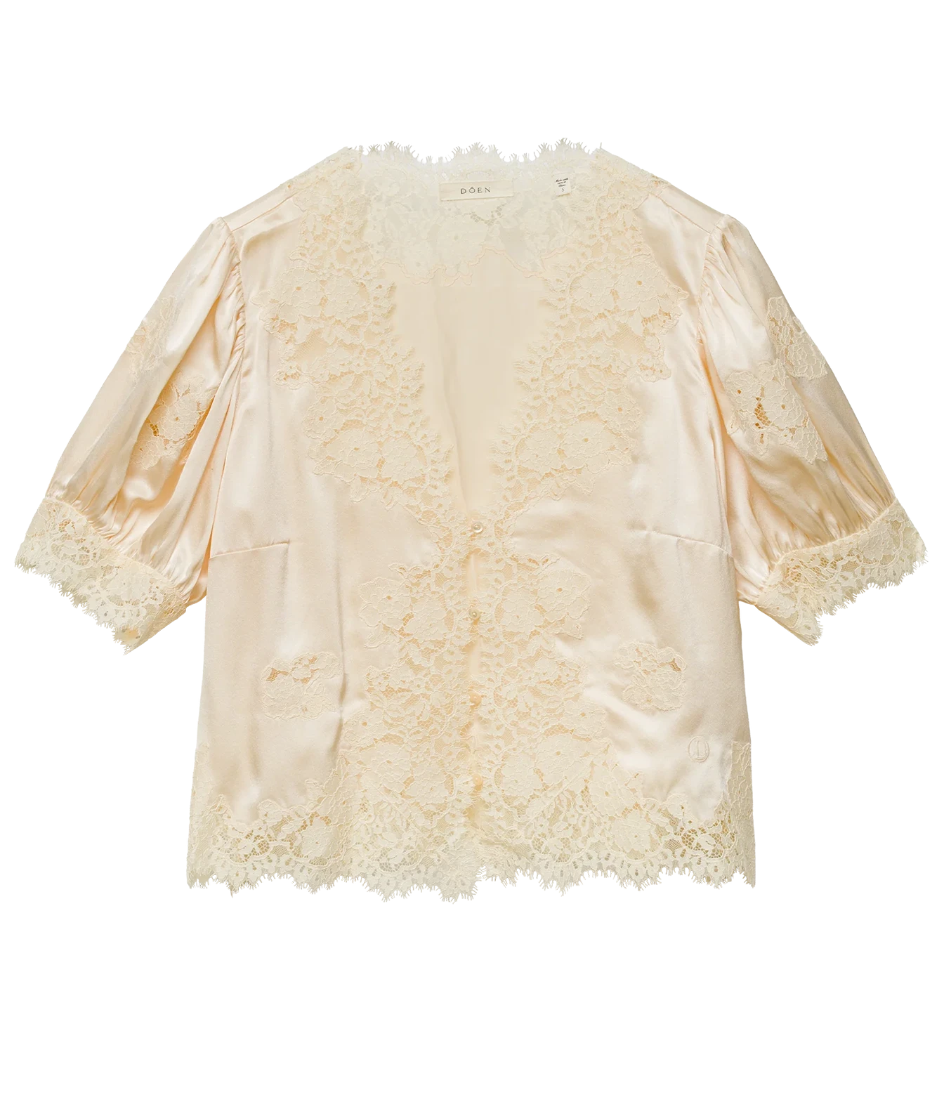 A cream-colored satin robe with intricate lace trim on the front, sleeves, and hem, displayed flat against a white background.