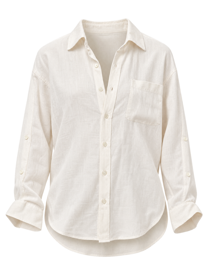 A flat lay of an off white linen button-down shirt with a chest pocket and matching beige drawstring trousers, styled with a gold pendant necklace against a plain white background.