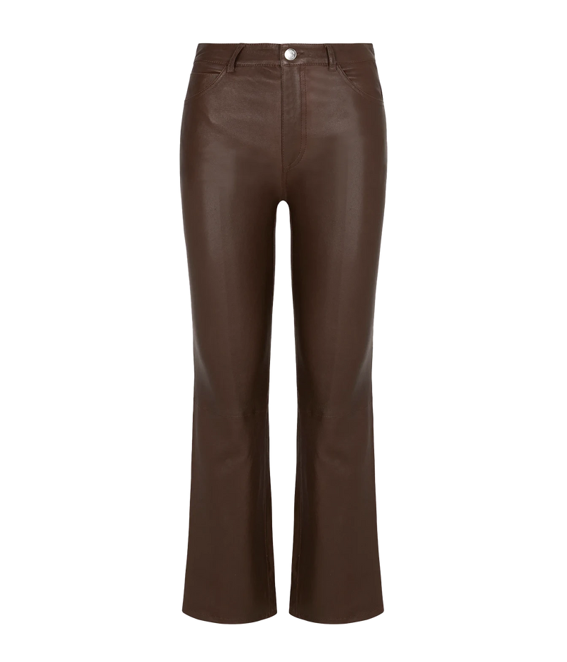 A pair of dark brown faux leather flare pants with a high waist and a single silver button at the center of the waistband, shown against a plain white background.