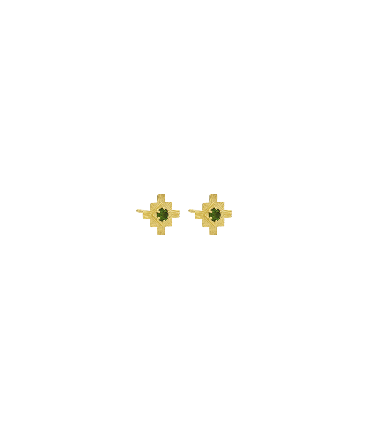 Symbolic Design: Inspired by the compass points of Native American and Inca cultures, these studs feature a small, elegant Chrome Diopside stone at the center. This stone represents direction and connection to nature, and is associated with the heart chakra, enhancing love and commitment to one’s beliefs.

Sustainable Craftsmanship: Made from 100% recycled 925 Sterling Silver and plated locally in 22k Gold Vermeil, these earrings offer both luxury and environmental responsibility.

Everyday Elegance: Their 