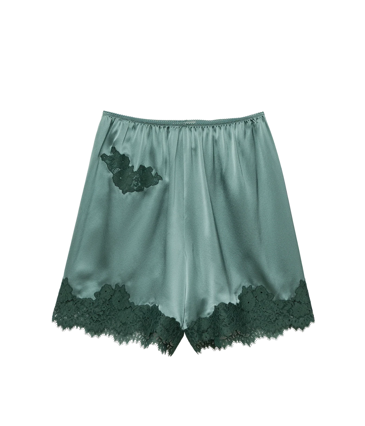 Mint green satin shorts with dark green lace trim at the hem and a matching lace applique on the left hip, shown against a plain white background.