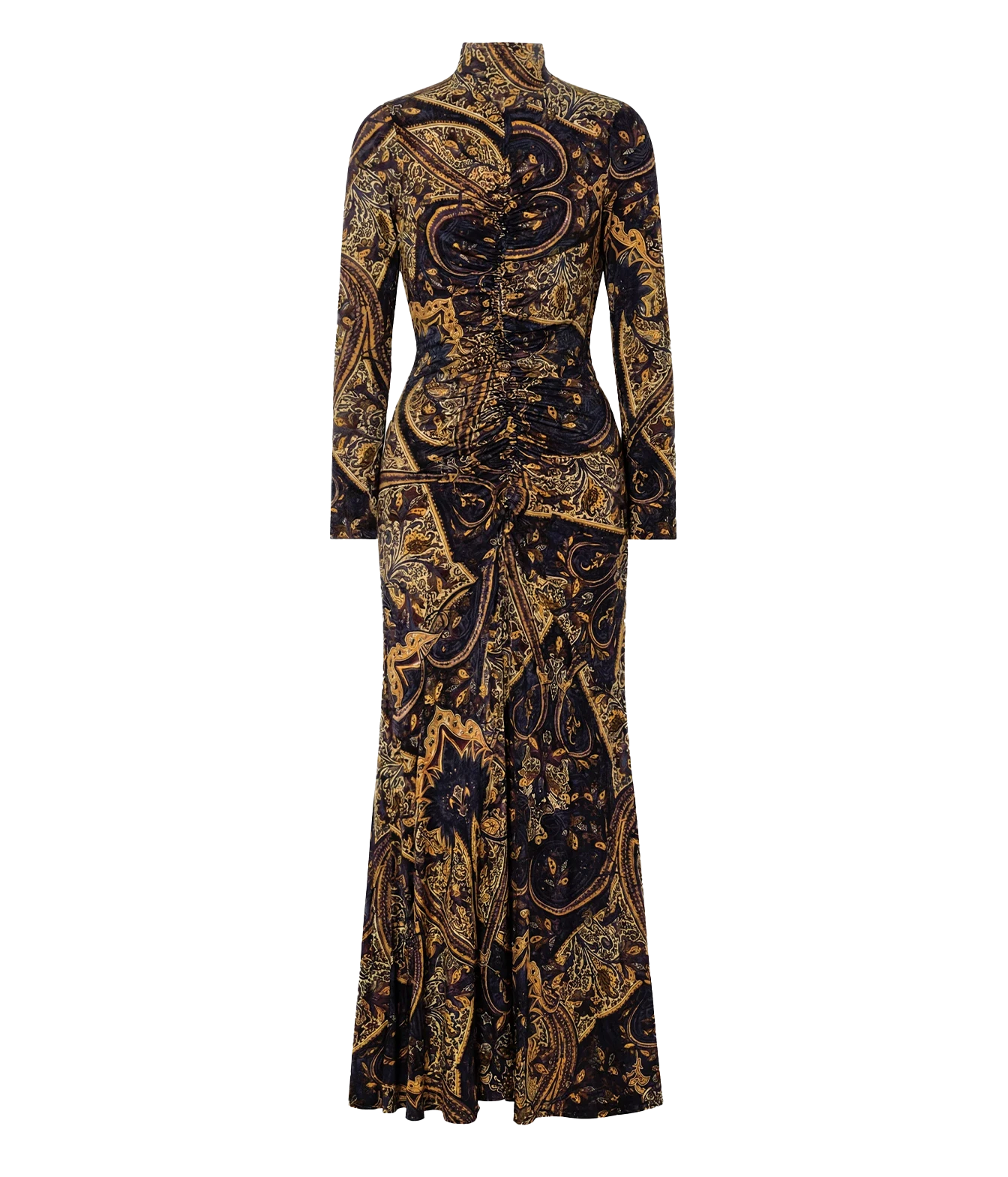 A long-sleeved, high-neck maxi dress with a fitted waist and flared skirt, featuring an intricate black and gold baroque paisley pattern, shown against a plain white background.