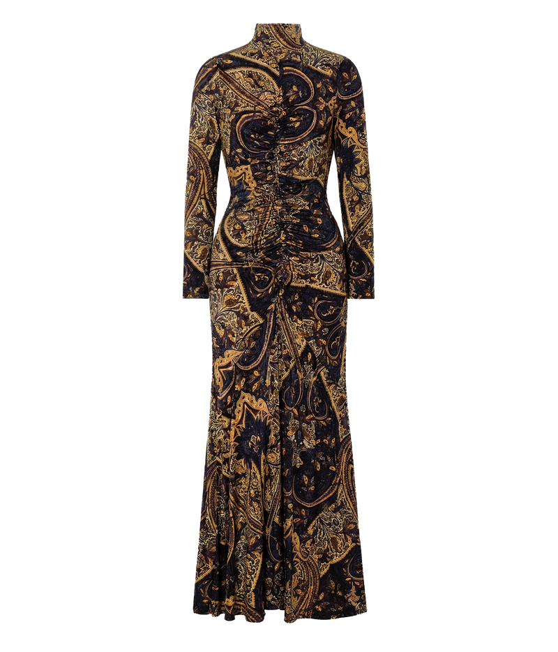 A long-sleeved, high-neck maxi dress with a fitted waist and flared skirt, featuring an intricate black and gold baroque paisley pattern, shown against a plain white background.