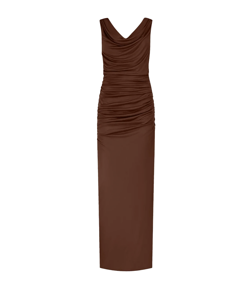 A sexy elegant silky evening dress, in a chocolate colourway, featuring waterfall drapes, open back, low ruched back, zip closure and cowl neck. Date night dress, max length, sleeveless, made in Amsterdam, party dress, birthday dress. 