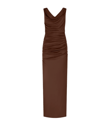 A sexy elegant silky evening dress, in a chocolate colourway, featuring waterfall drapes, open back, low ruched back, zip closure and cowl neck. Date night dress, max length, sleeveless, made in Amsterdam, party dress, birthday dress. 
