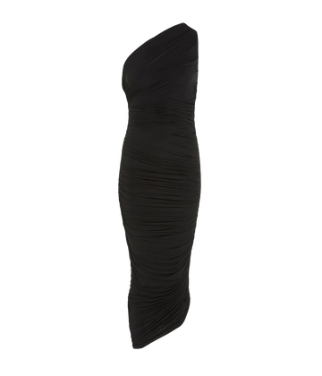 A sexy elegant silky evening dress, in a black colourway, featuring a one shoulder, dipped hem and side draped ruching. Date night dress, midi length, sleeveless, made in Amsterdam, party dress, birthday dress. 