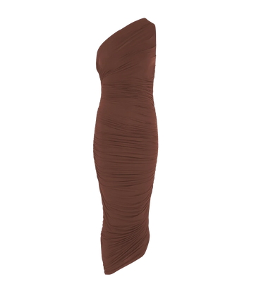 A sexy elegant silky evening dress, in a chocolate colourway, featuring a one shoulder, dipped hem and side draped ruching. Date night dress, midi length, sleeveless, made in Amsterdam, party dress, birthday dress. 