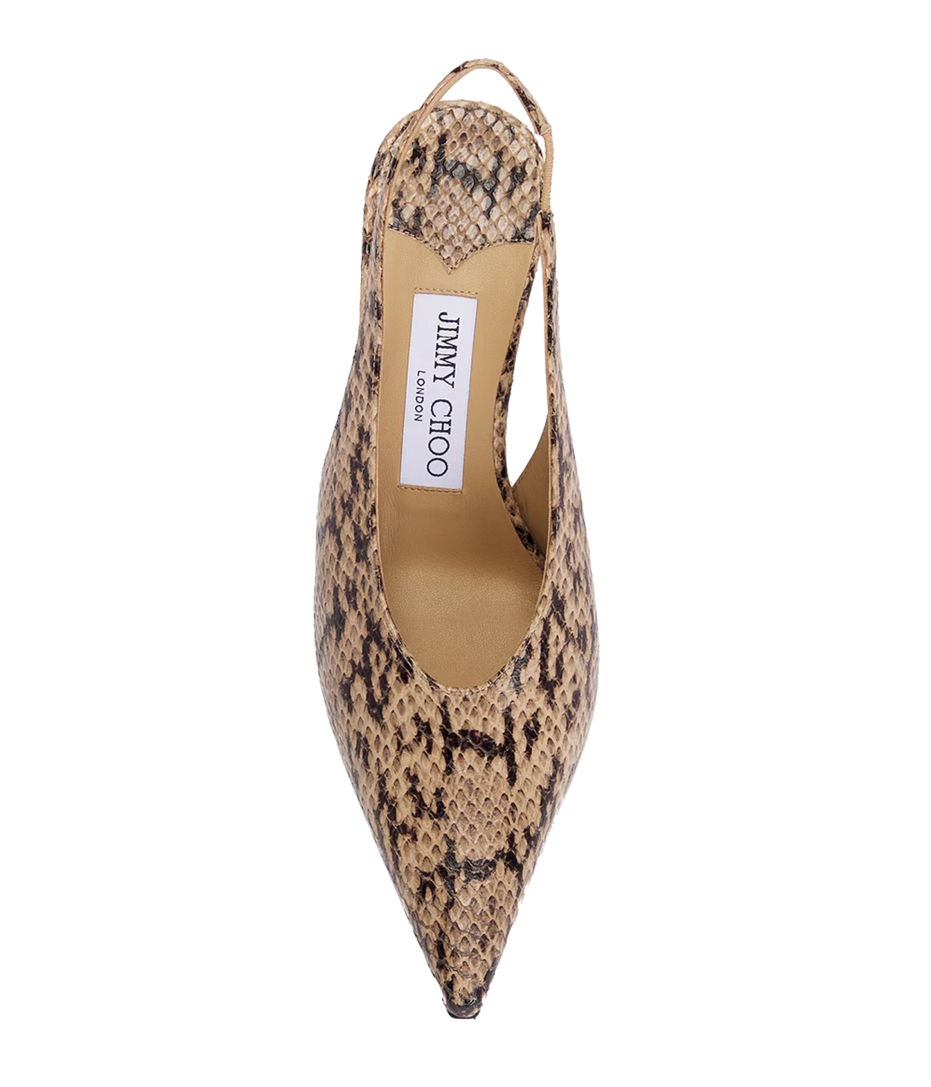 A single Jimmy Choo London pointed-toe slingback pump in a beige and brown snakeskin pattern, shown from a top-down view on a white background.