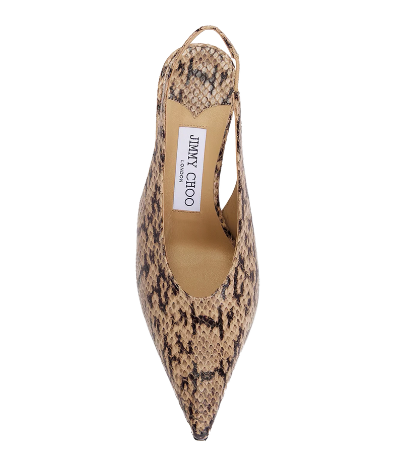 A single Jimmy Choo London pointed-toe slingback pump in a beige and brown snakeskin pattern, shown from a top-down view on a white background.