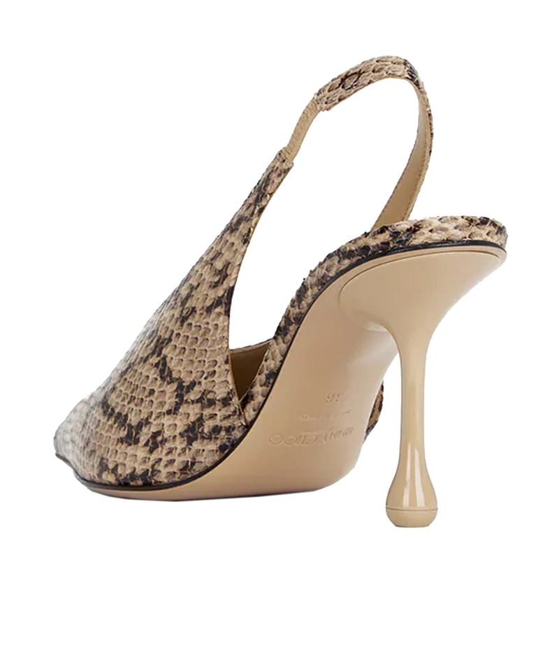 A single women's slingback high heel shoe with a beige and black snakeskin pattern upper, a beige stiletto heel, and a matching beige insole, shown from a side-rear angle on a white background.