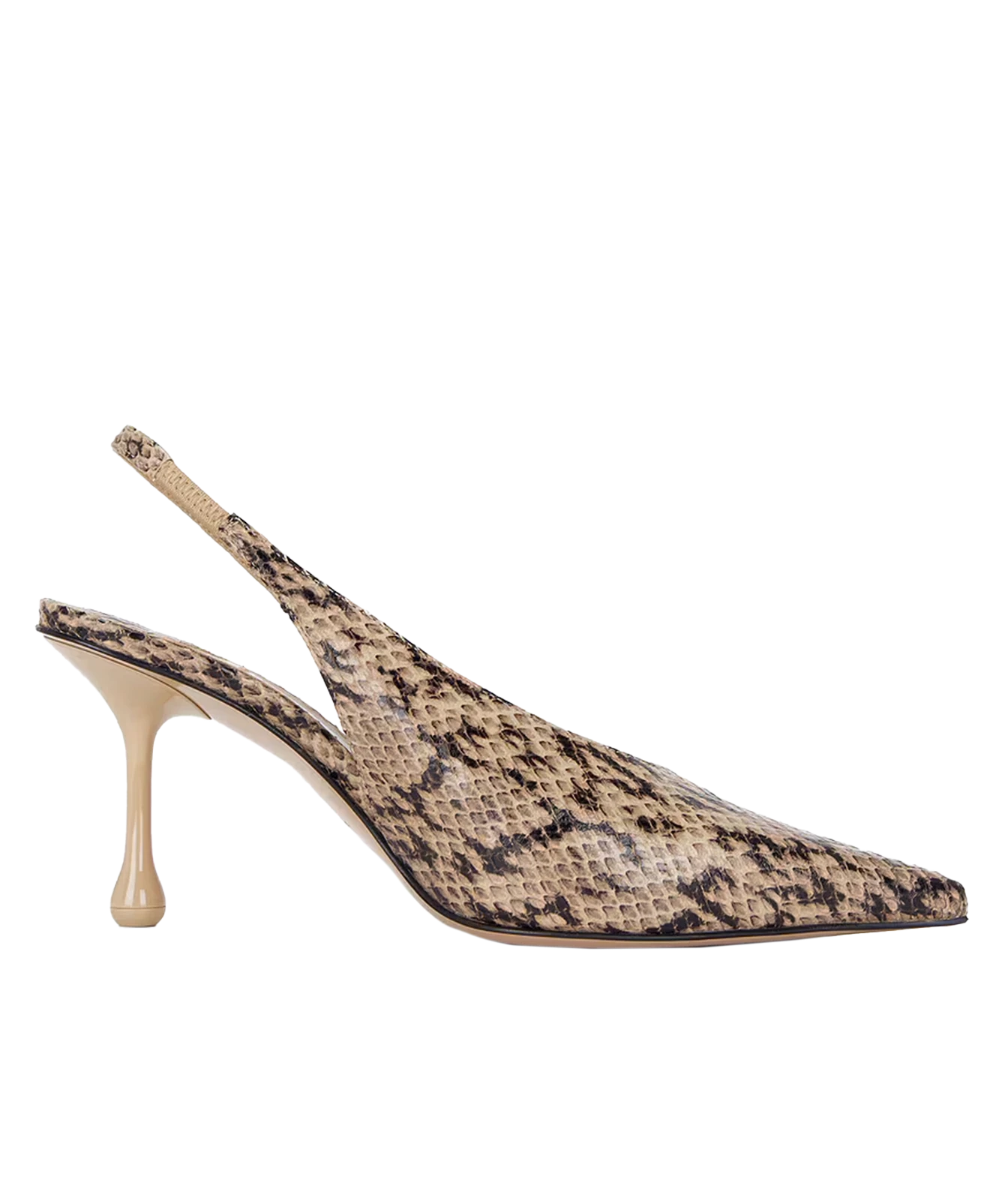 A single women's slingback pointed-toe pump with a beige and black snakeskin pattern, featuring a sculptural flared heel, shown against a plain white background.