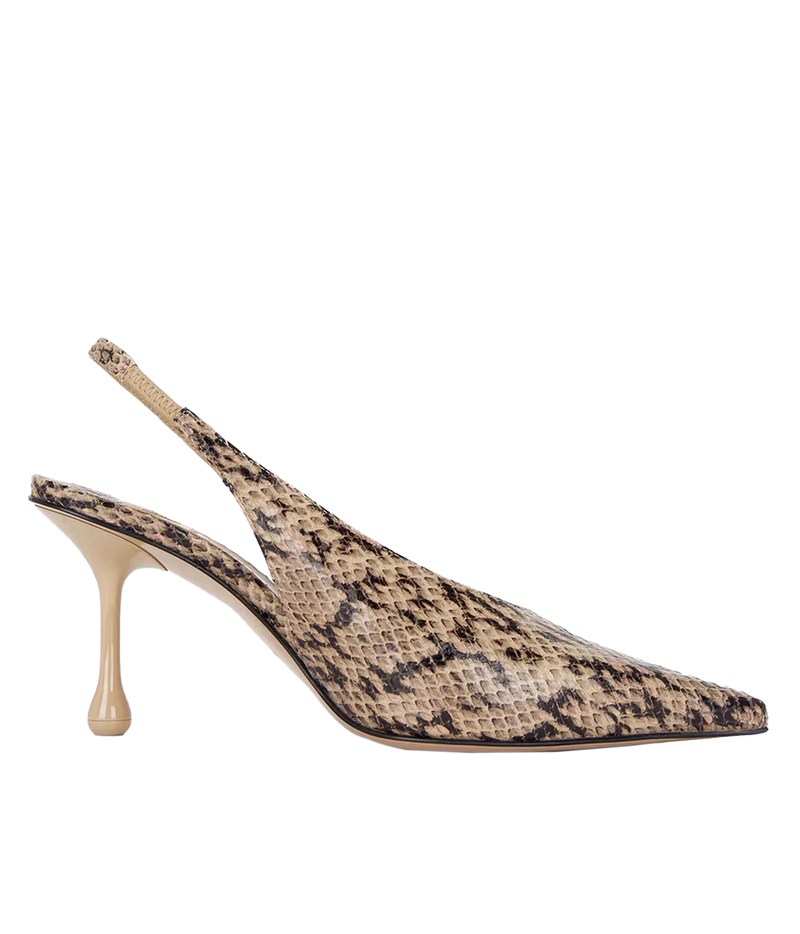A single women's slingback pointed-toe pump with a beige and black snakeskin pattern, featuring a sculptural flared heel, shown against a plain white background.