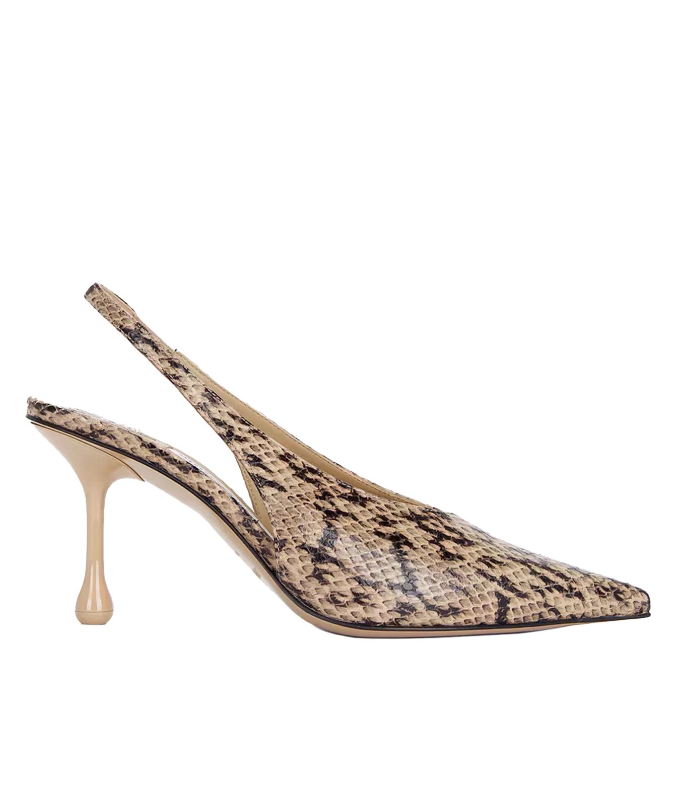 A single women's slingback pump with a pointed toe, featuring a beige and black snakeskin pattern on the upper and a light beige stiletto heel, shown against a plain white background.