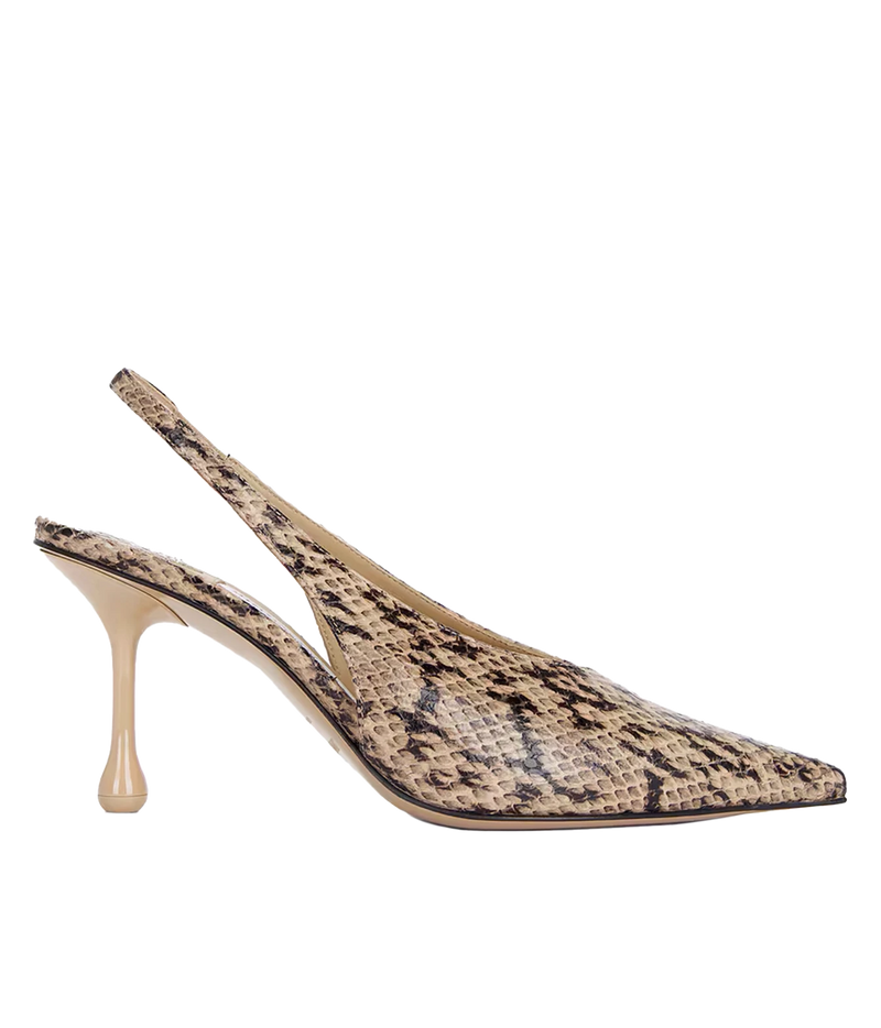 A single women's slingback pump with a pointed toe, featuring a beige and black snakeskin pattern on the upper and a light beige stiletto heel, shown against a plain white background.