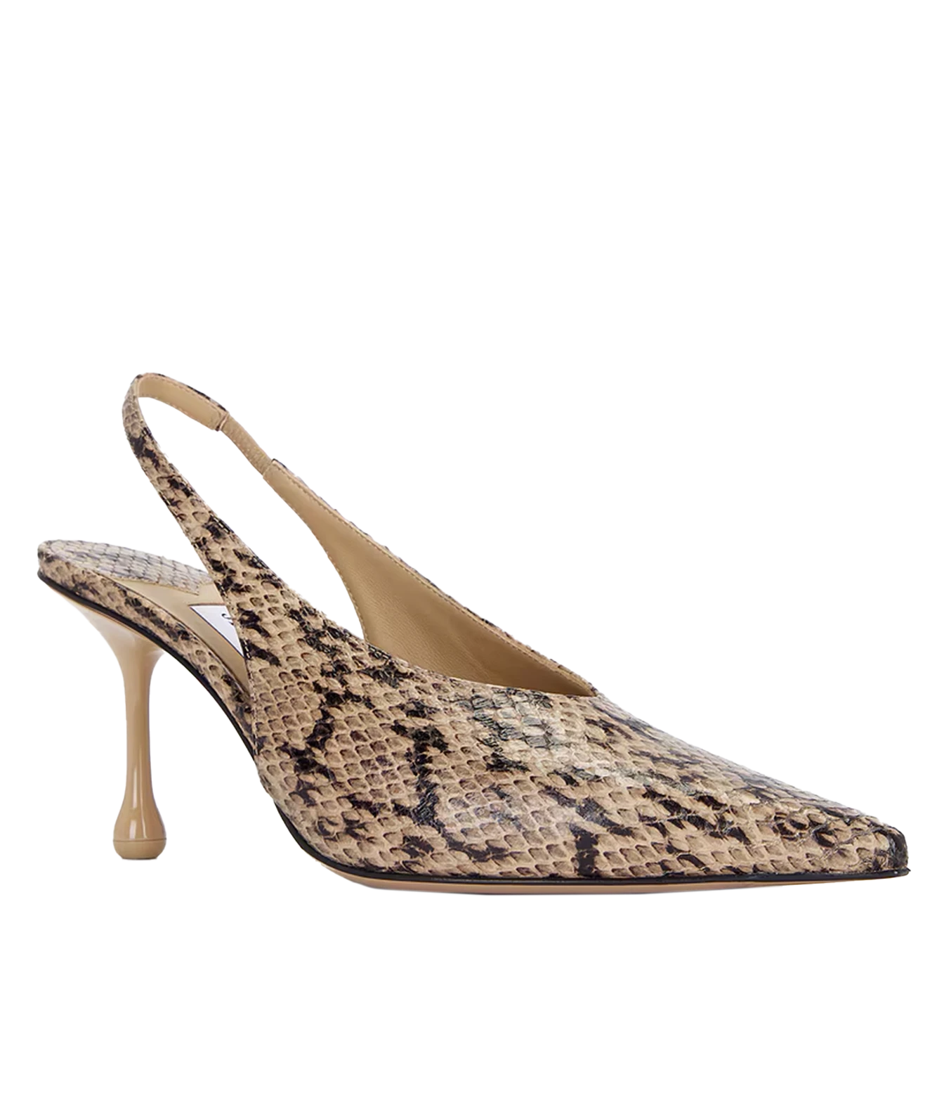 A single women's slingback pump with a pointed toe, featuring a beige and brown snakeskin pattern on the upper and a slim beige stiletto heel, shown against a plain white background.