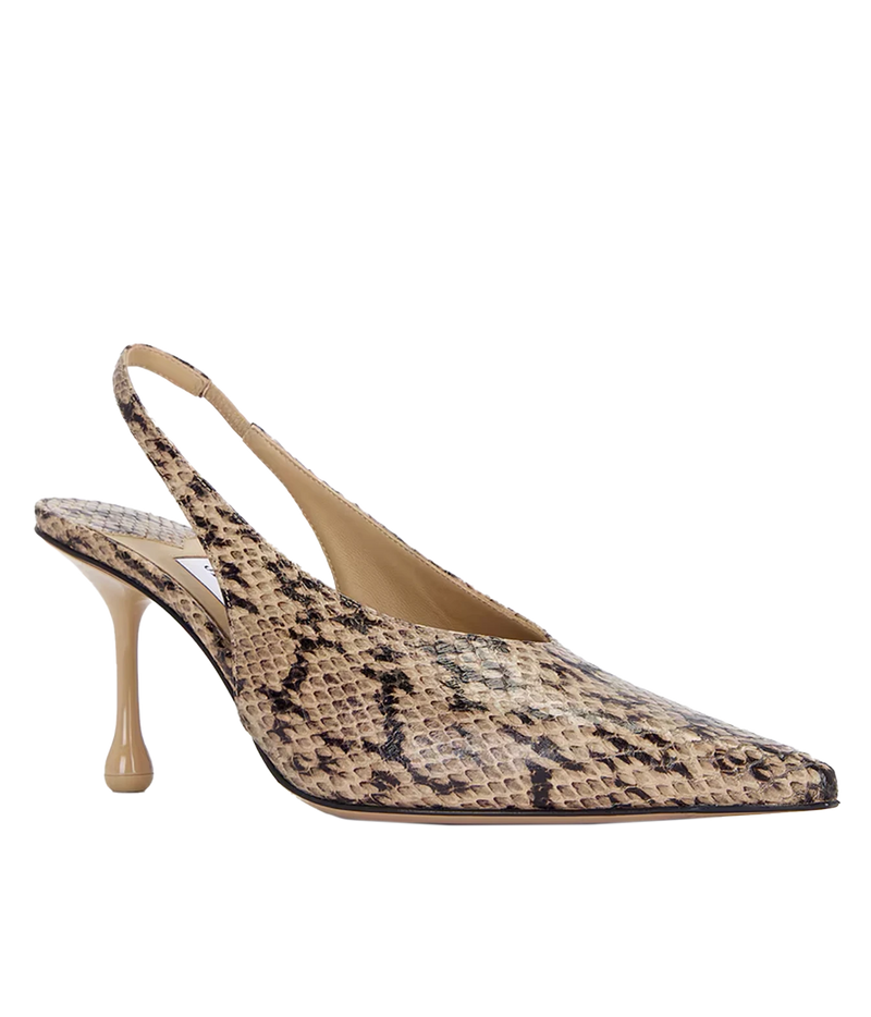 A single women's slingback pump with a pointed toe, featuring a beige and brown snakeskin pattern on the upper and a slim beige stiletto heel, shown against a plain white background.